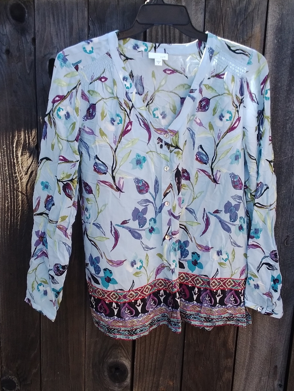 J Jill Blouse Top Shirt Rayon Womens Med Blue Floral V Neck Button Long Sleeve